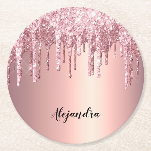 銅エレガントバラ金ゴールドグリッタードリップ ラウンドペーパーコースター (正面)