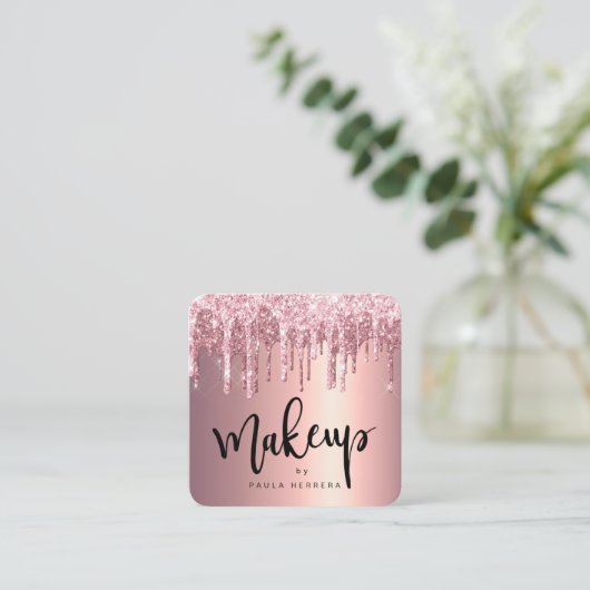 銅エレガントバラ金ゴールドグリッター滴化粧 スクエア名刺 (スタンド正面)