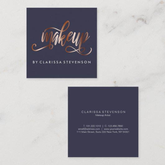 銅エレガントバラ金ゴールド・ネイビーブルーメイクアーティスト スクエア名刺 (正面/裏面)