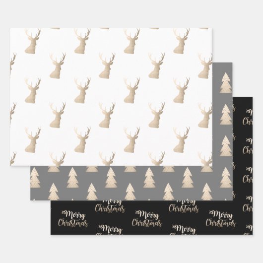銅エレガント金ゴールドのクリスマスパターン ラッピングペーパーシート (セット)