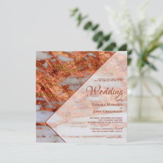 銅エレガント金属大理石ジオメトリック結婚ス 招待状 (スタンド正面)