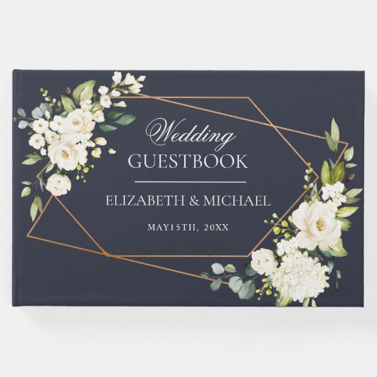 銅ジオメトリブルーホワイトフローラ結婚ズ ゲストブック (正面)