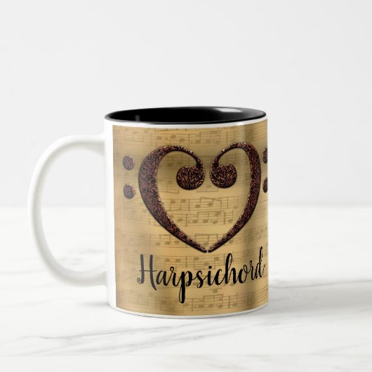 銅ダブルベースクレフ、 音符記号ハートハープシコード ツートーンマグカップ (左)
