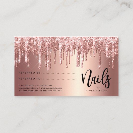 銅バラエレガント金ゴールドグリッタードリップ爪、 ネイル 紹介カード (裏面)