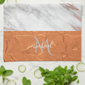 銅バラ金ゴールド&グレーマーブルとモノグラムキット キッチンタオル (折り畳み)