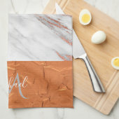 銅バラ金ゴールド&グレーマーブルとモノグラムキット キッチンタオル (四つ折り)
