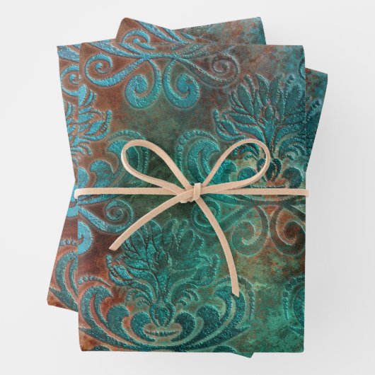 銅パティナラステッドダマスク ラッピングペーパーシート (インサイチュ)