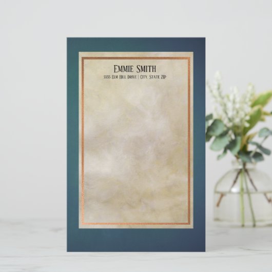 銅パーソナライズされたとティール(緑がかった色)の線なし文房具 便箋 (スタンド正面)