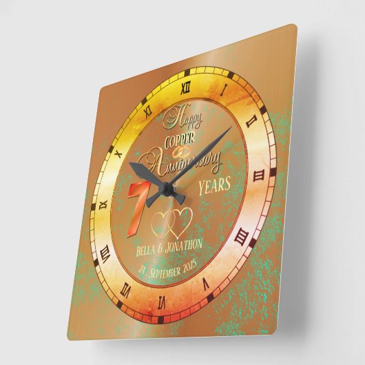 銅パーソナライズされたテーマ7周年記念品 スクエア壁時計 (傾斜)