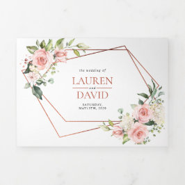 銅ピーチピンクフローラユーカリ結婚ス 三つ折り招待状