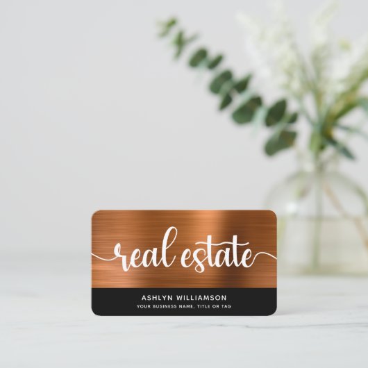 銅ブラックフォト実在エステートエージェントQRコードはっきりした 名刺 (スタンド正面)