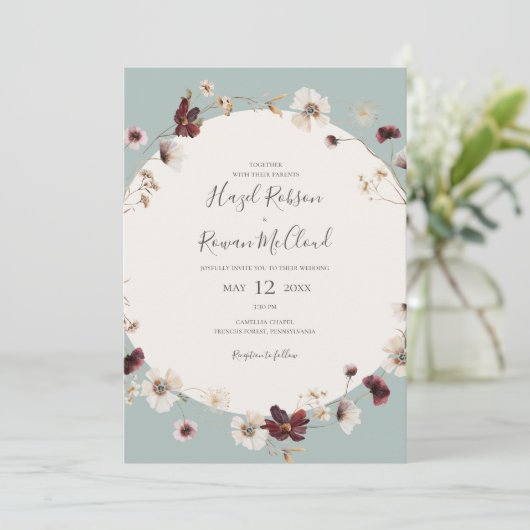 銅ブルゴーニュの野花 |ティール(緑がかった色)カジュアル結婚の 招待状 (スタンド正面)