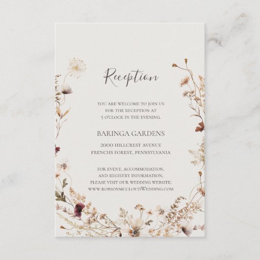 銅ブルゴーニュワイルドフラワーベージュウェディングレセプション エンクロージャーカード (正面)