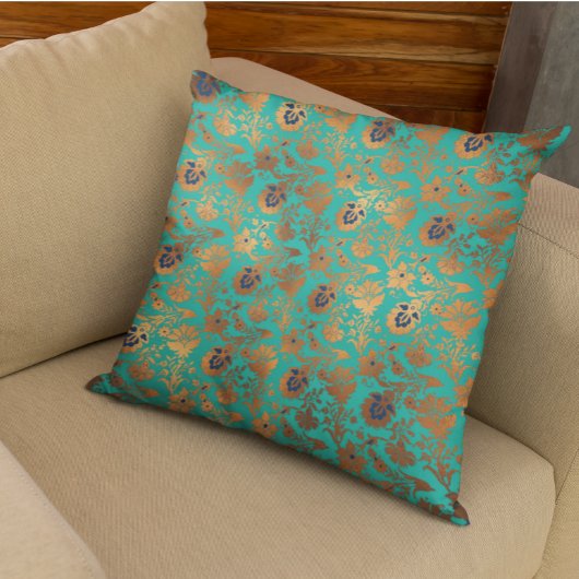 銅メタリックティール（緑がかった色）パティーナフローラブルー クッション
