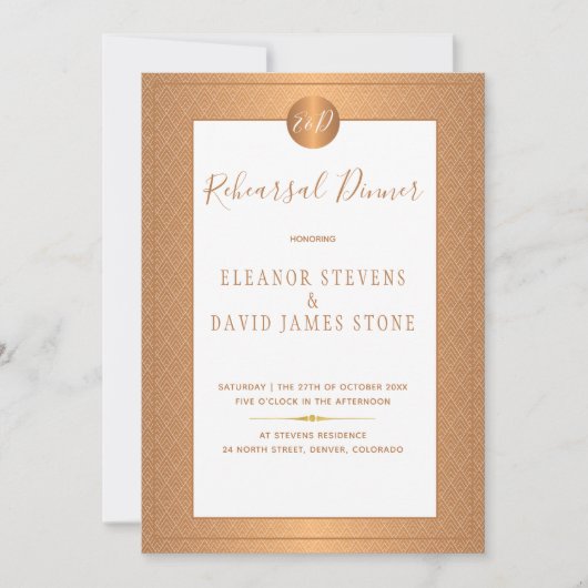 銅メタリックモノグラムエレガントリハーサルディナー 招待状 (正面)