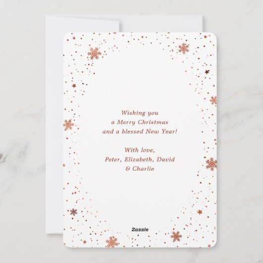 銅メリークリスマススノーフレークの雪の写真 シーズンカード (裏面)