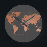 銅モダングローブ世界地図 ラウンド壁時計<br><div class="desc">我々のソフトユニークブラシ銅世界マップデザインは、あなたのオフィスや部屋の装飾に合わせて変更することができる暗い灰色の背景色と"ちょうど行く"言葉言い、あなたの放浪を満たすために次の旅をブック。用語は編集可能で取り外し可能なので、旅行テーマの引用文でパーソナライズお気に入りのできる。</div>