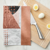 銅モダンティール(緑がかった色)ブルーブラックジオメトリックパターン キッチンタオル (四つ折り)