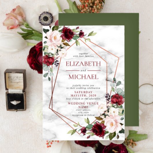 銅モダン幾何学的ブルゴーニュ優雅な結婚式 招待状