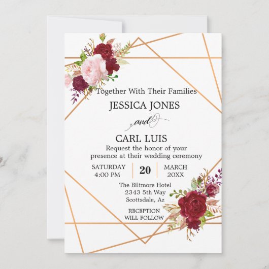 銅モダン赤面ピンクブルゴーニュ幾何学フローラ 招待状 (正面)