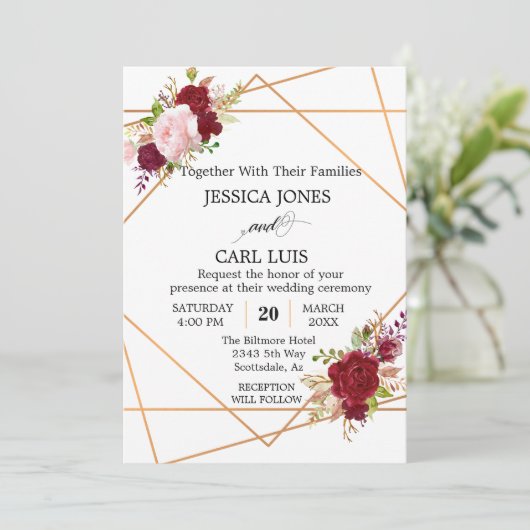 銅モダン赤面ピンクブルゴーニュ幾何学フローラ 招待状 (スタンド正面)