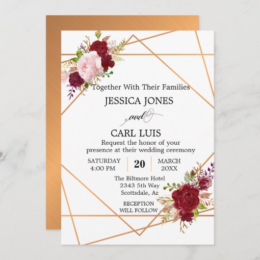 銅モダン赤面ピンクブルゴーニュ幾何学フローラ 招待状 (正面/裏面)