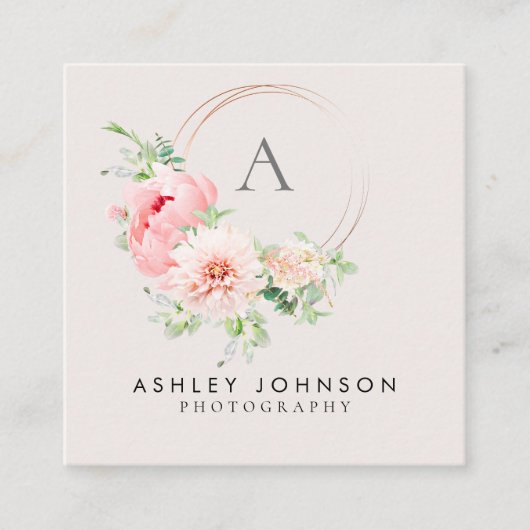 銅モノグラムウォーターカラーピンクフローラスクエア スクエア名刺 (正面)