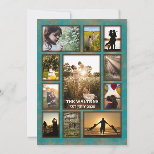 銅及びエレガントティール(緑がかった色)枠ファミリー写真コラージュ カード (正面)