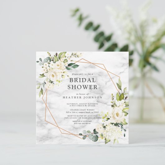 銅大理石ジオメトリホワイトフローラスクエアシャワー 招待状 (スタンド正面)