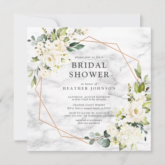 銅大理石ジオメトリホワイトフローラスクエアシャワー 招待状 (正面)