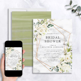 銅大理石ジオメトリホワイトフローラブライダルシャワー 招待状