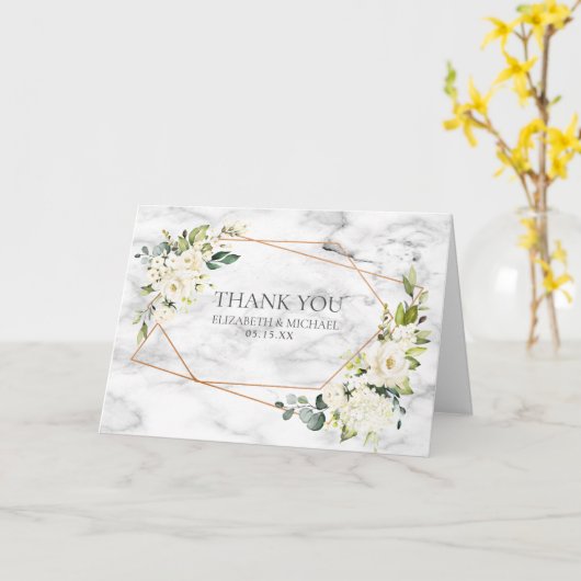 銅大理石ジオメトリホワイトフローラ結婚写真 カード (黄色い花)