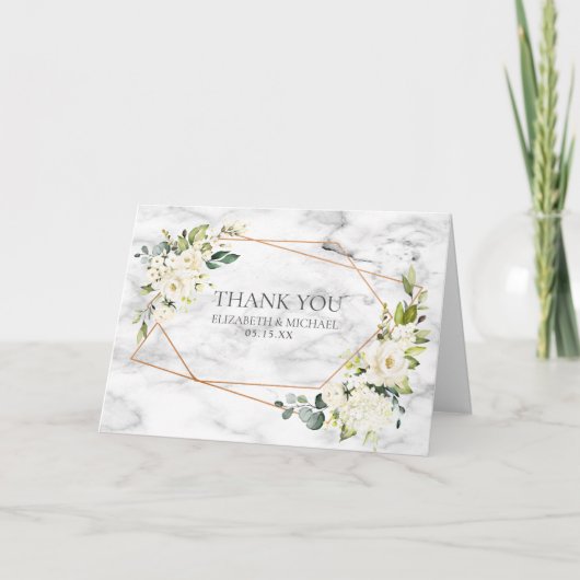 銅大理石ジオメトリホワイトフローラ結婚写真 カード (正面)