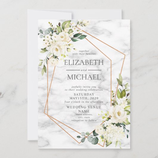 銅大理石ジオメトリホワイトフローラ結婚写真 招待状 (正面)