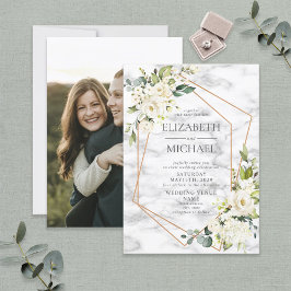 銅大理石ジオメトリホワイトフローラ結婚写真 招待状