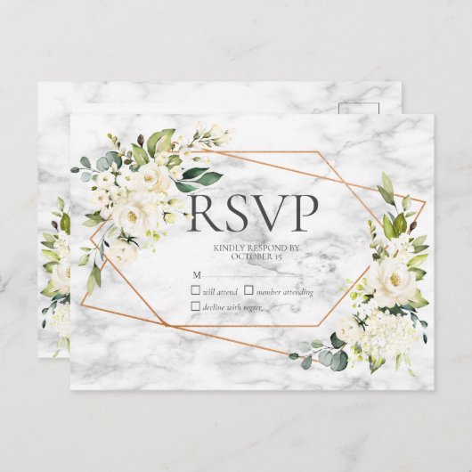 銅大理石ジオメトリホワイトフローラNoメニューRSVP インビテーションポストカード (正面/裏面)