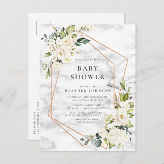 銅大理石幾何学白フローラ赤ちゃんシャワー 案内ポストカード (正面/裏面)