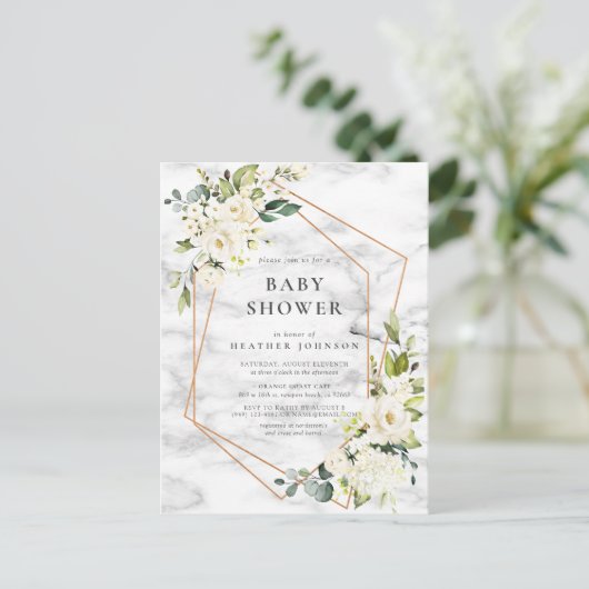 銅大理石幾何学白フローラ赤ちゃんシャワー 案内ポストカード (スタンド正面)
