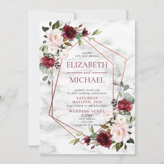 銅大理石幾何学的バーガンディ結婚写真 招待状 (正面)