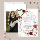 銅大理石幾何学的バーガンディ結婚写真 招待状