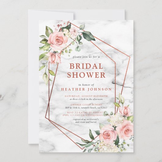 銅大理石幾何学的ピンクフローラブライダルシャワー 招待状 (正面)