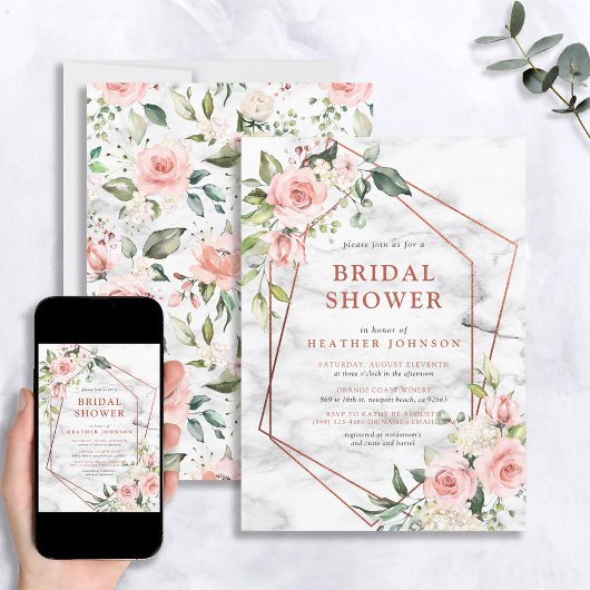 銅大理石幾何学的ピンクフローラブライダルシャワー 招待状