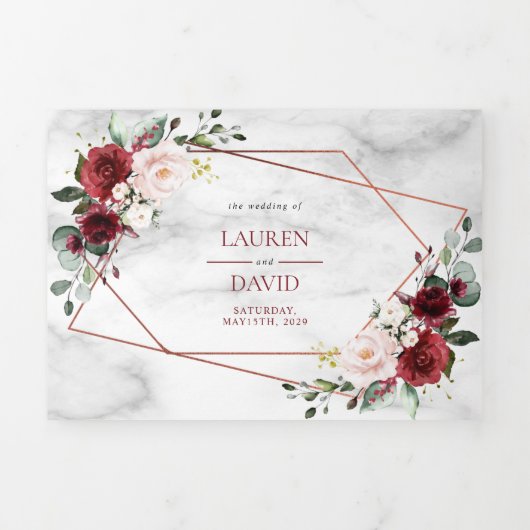 銅大理石幾何学的ブルゴーニュフローラ 三つ折り招待状 (カバー)