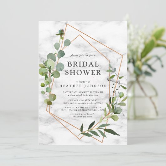 銅大理石幾何学的ユーカリブライダルシャワー 招待状 (スタンド正面)