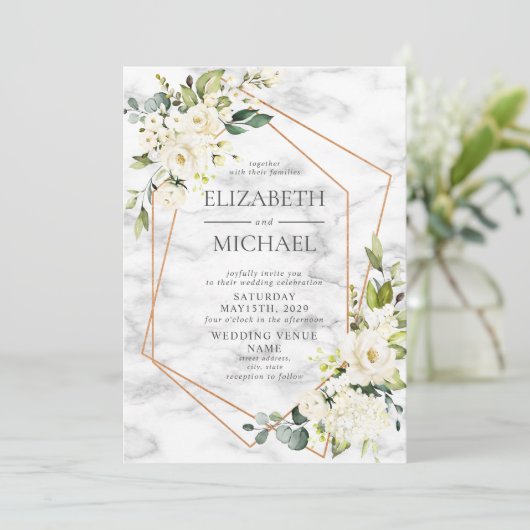銅幾何大理石ホワイトフローラ結婚ズ 招待状 (スタンド正面)