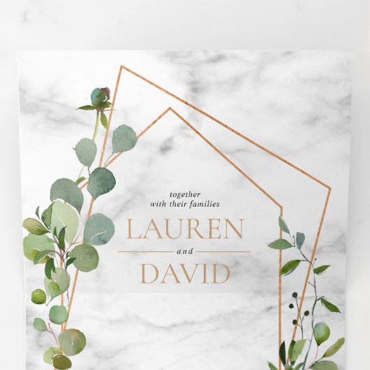 銅幾何大理石ユーカリエレガントな結婚式 三つ折り招待状 (内部最初)
