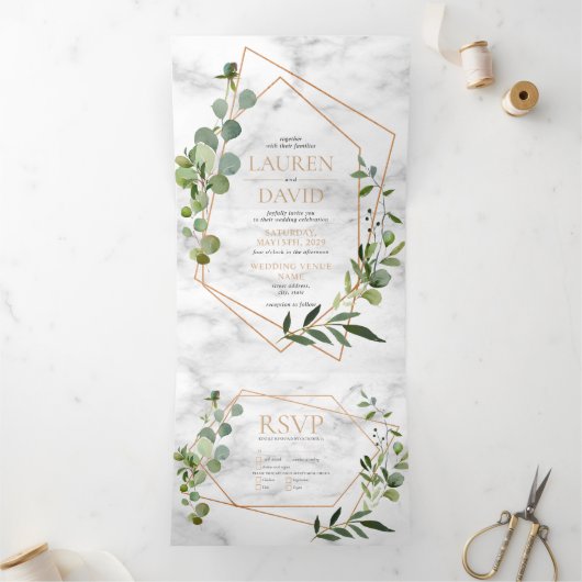 銅幾何大理石ユーカリエレガントな結婚式 三つ折り招待状 (内部)