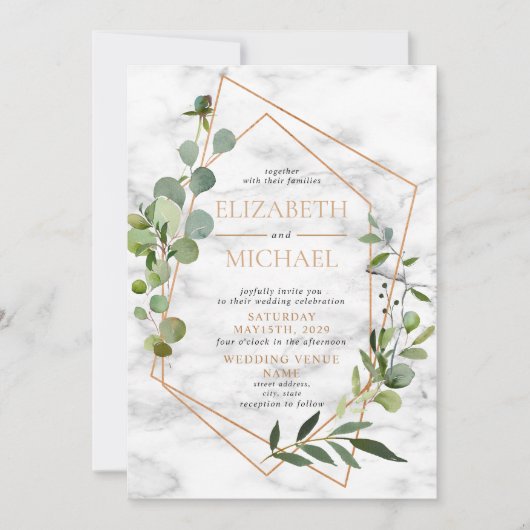 銅幾何大理石ユーカリエレガントな結婚式 招待状 (正面)