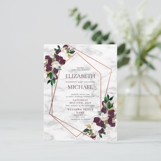 銅幾何学大理石バーガンディ結婚ポストカード 案内ポストカード (スタンド正面)