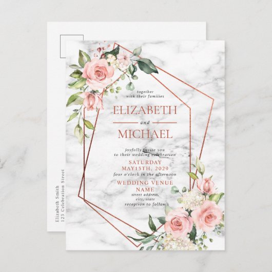 銅幾何学大理石ピンクフローラはがき 案内ポストカード (正面/裏面)